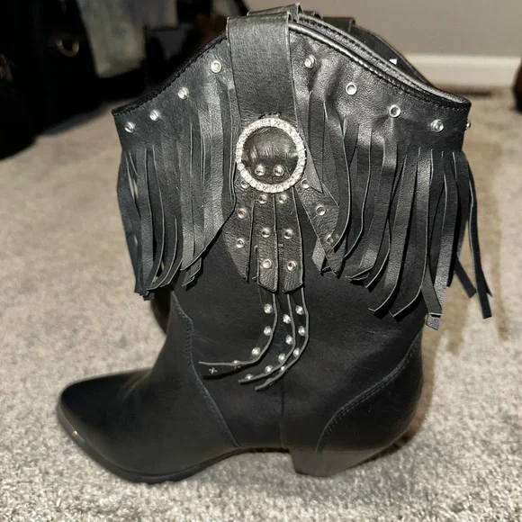 Santa Fe Boot Co Black Rhinestones Fringe Heeled Boots Size 8M - Picture 4 of 10
